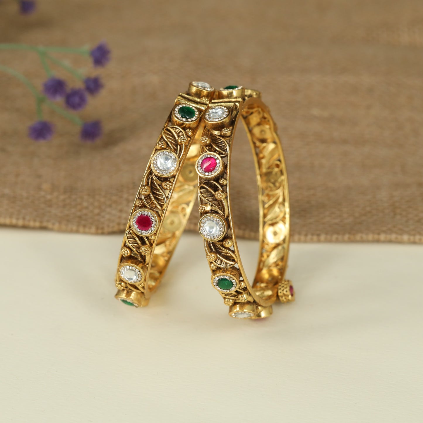 Botanical Antique Bangles Featuring Intricate Leaf Scroll Craftsmanship