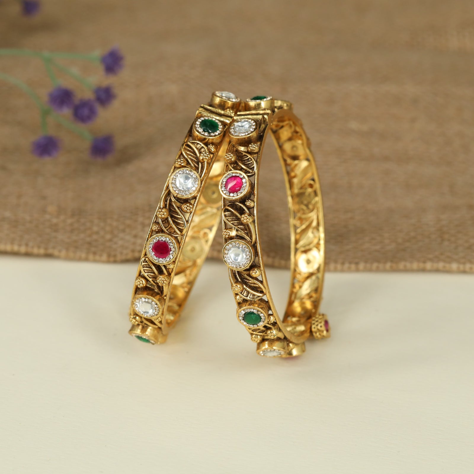 Botanical Antique Bangles Featuring Intricate Leaf Scroll Craftsmanship