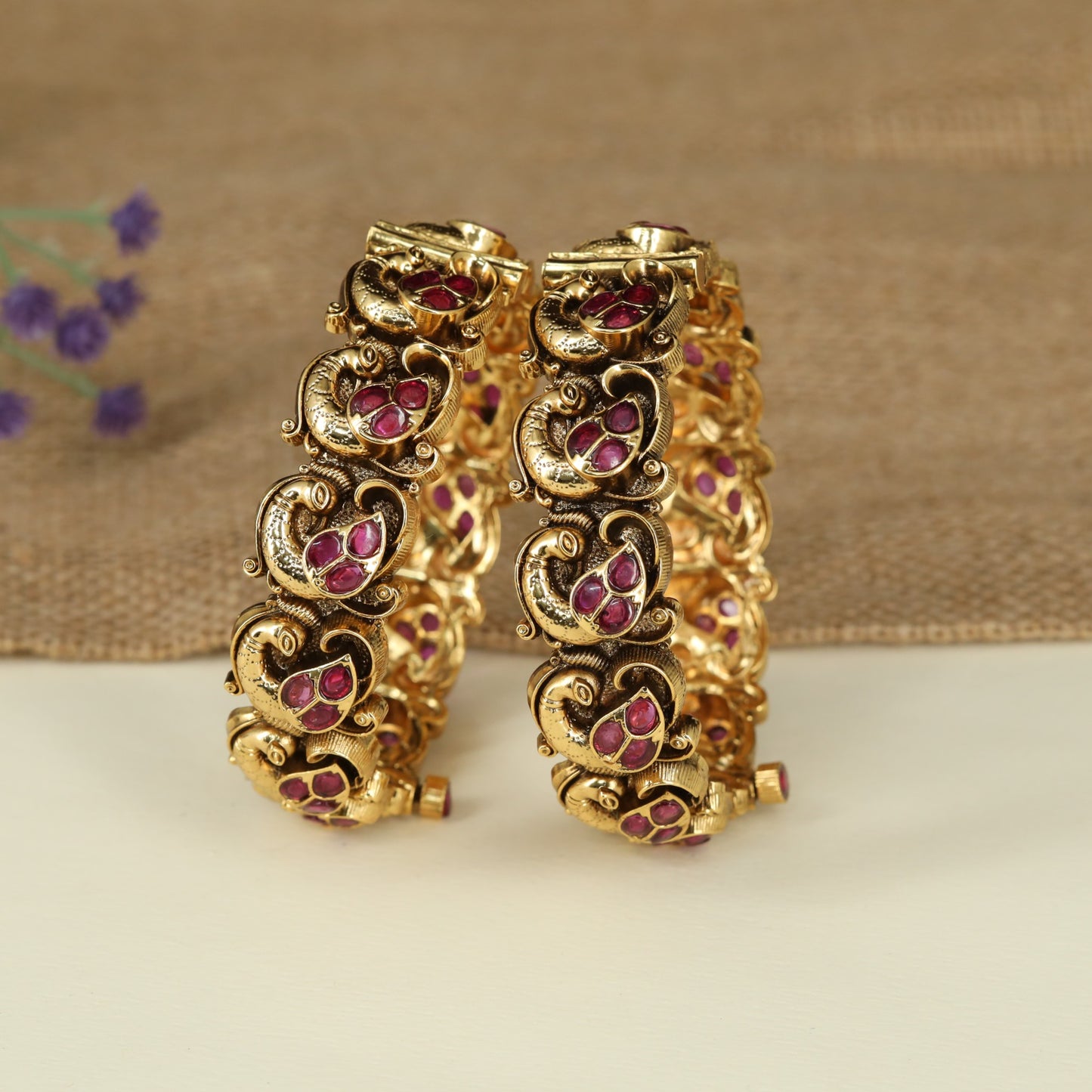 Traditional Peacock Antique Bangles with Intricate Raised Detailing