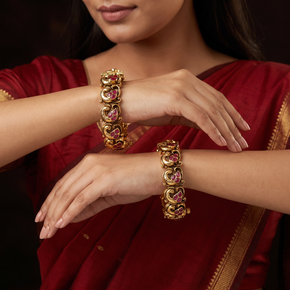 Traditional Peacock Antique Bangles with Raised Detailing