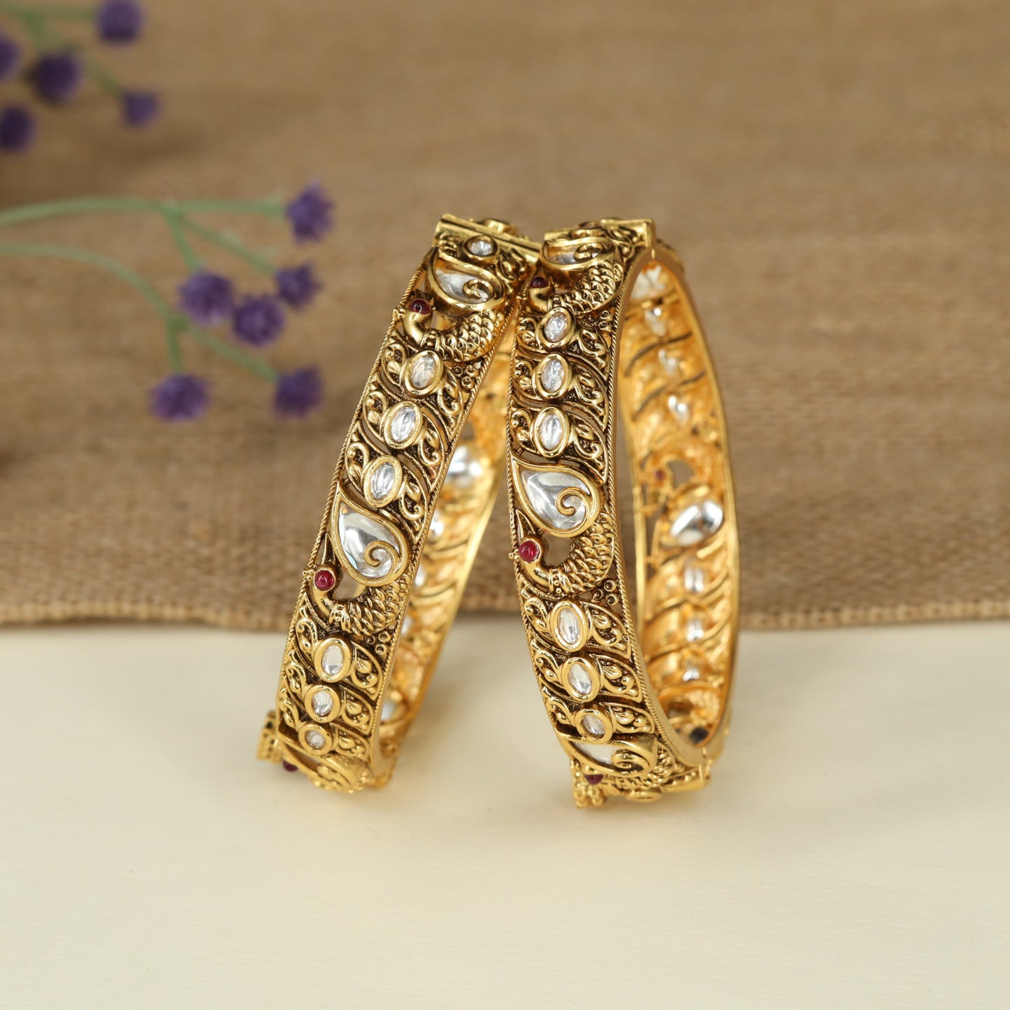 Peacock Antique Bangles with Intricate Scrollwork and Oval Accent Details