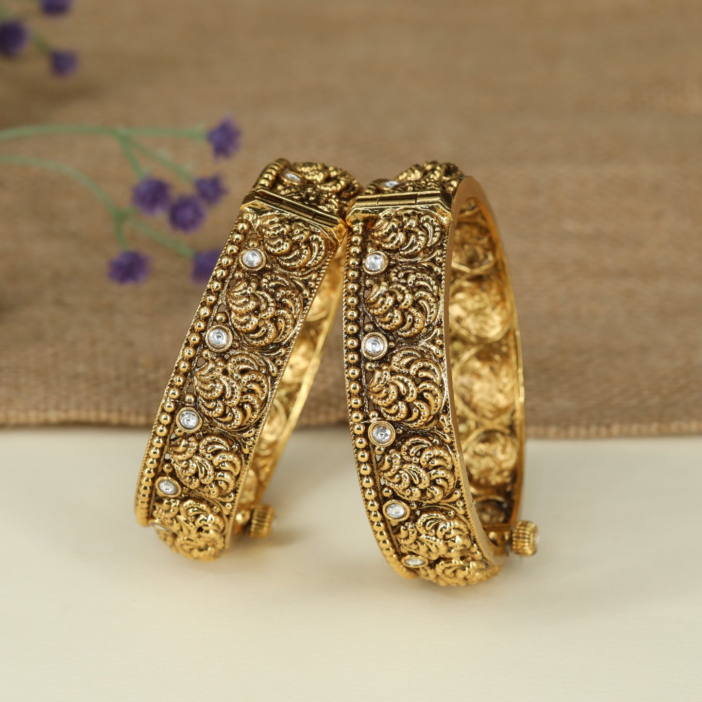 Classic Temple Style Antique Bangles with Rich Scrollwork Design