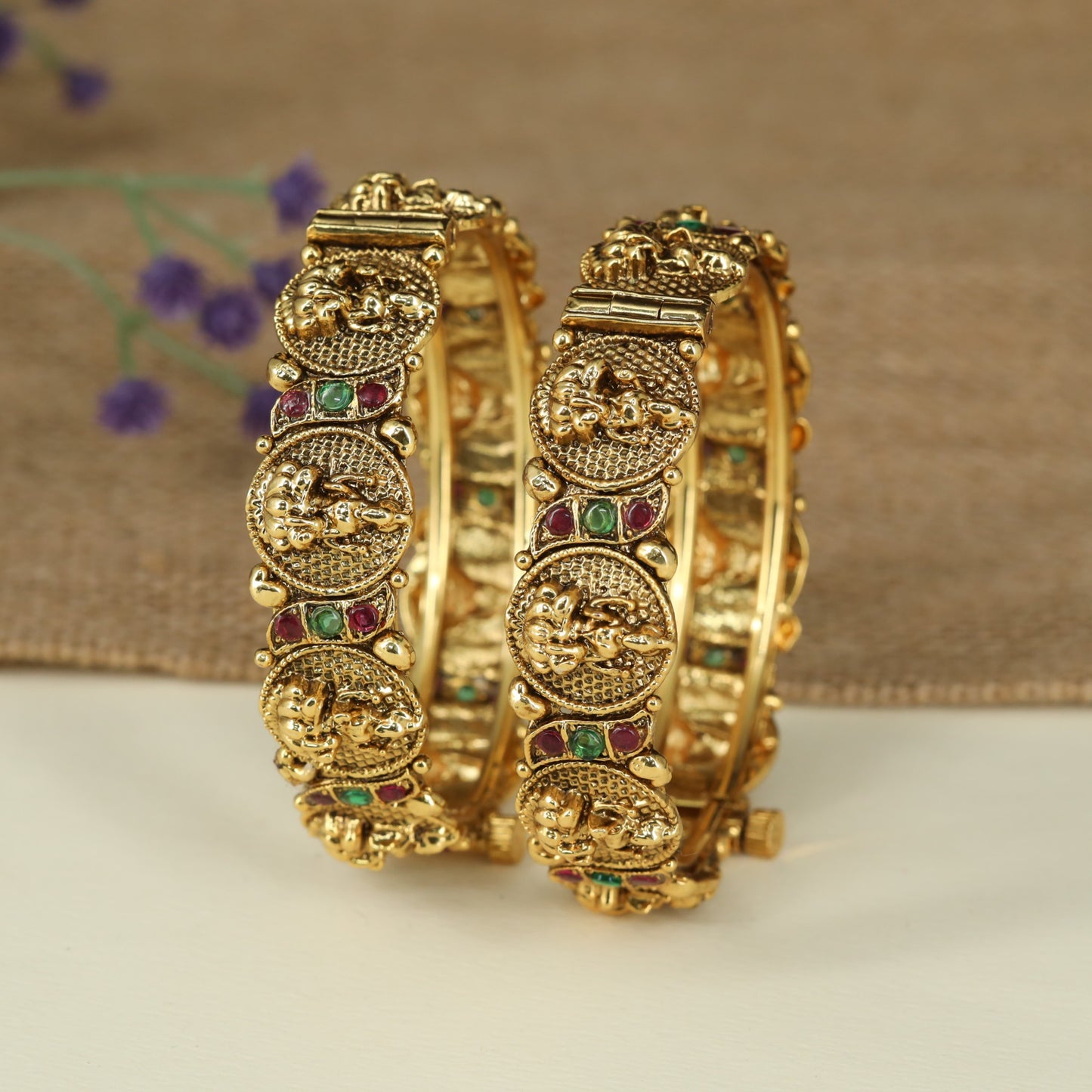 Handcrafted Lakshmi Antique Bangles with Circular Temple Panels
