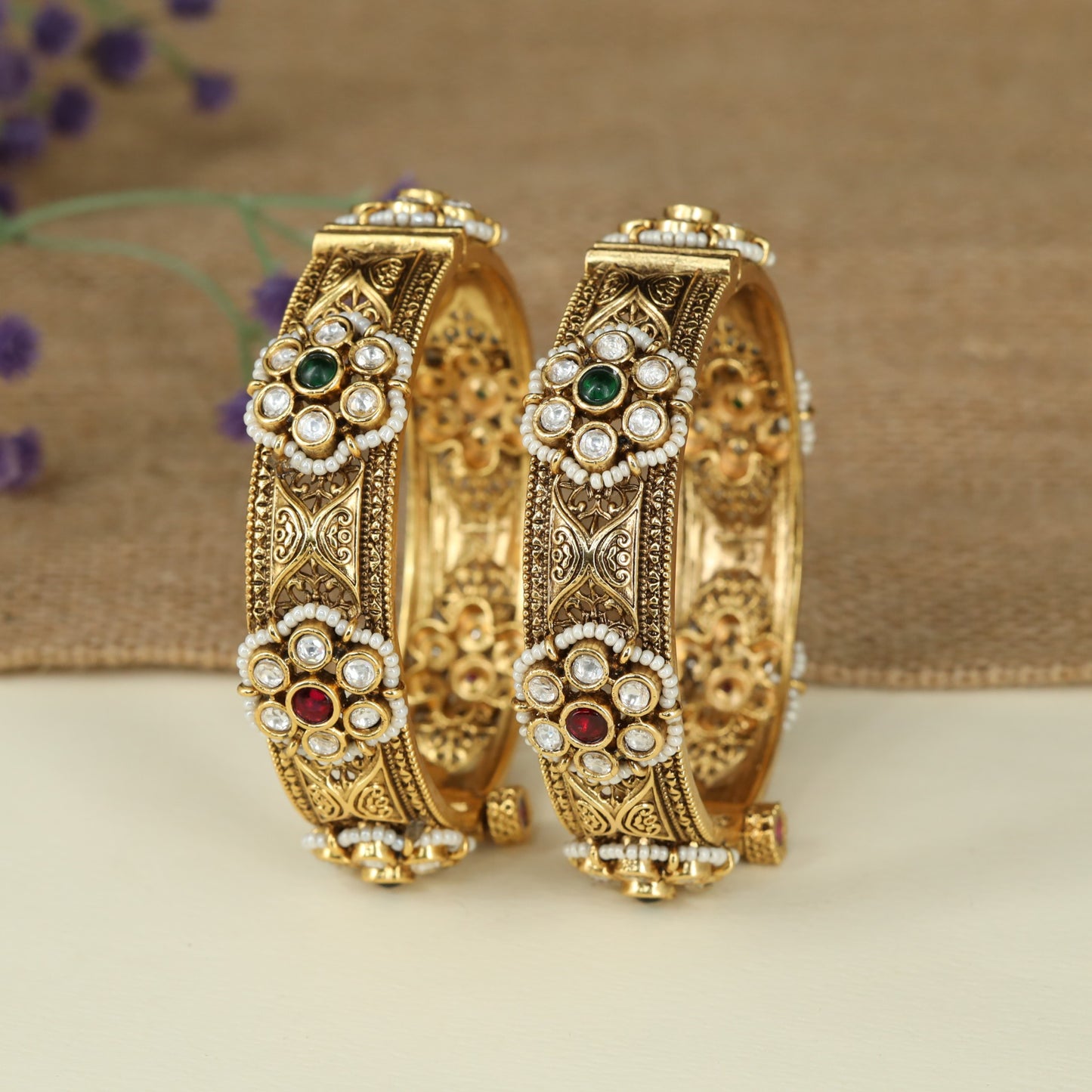 Floral Centre Antique Bangles with Intricate Filigree Panels for Timeless Traditional Elegance