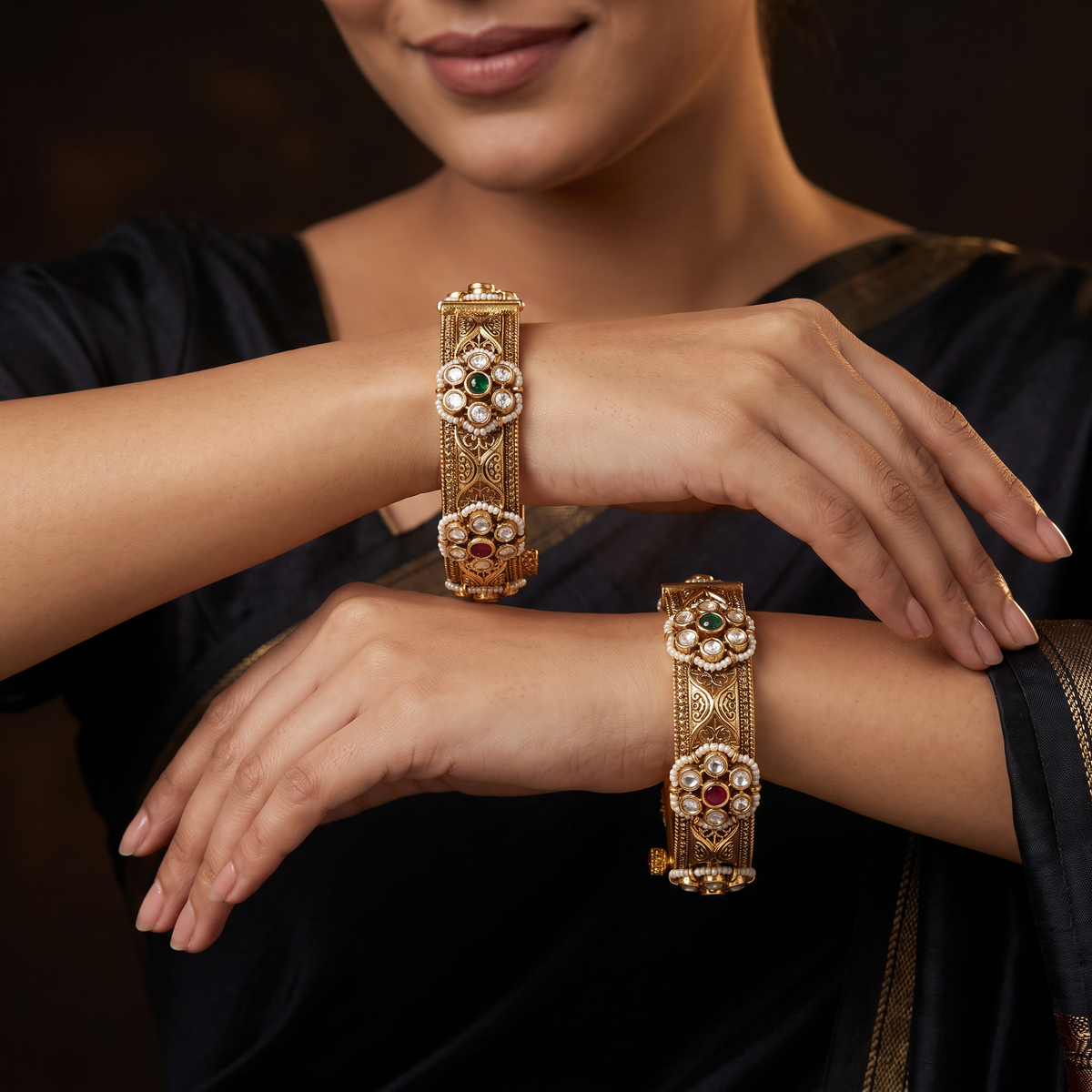 Floral Centre Antique Bangles with Filigree Panels