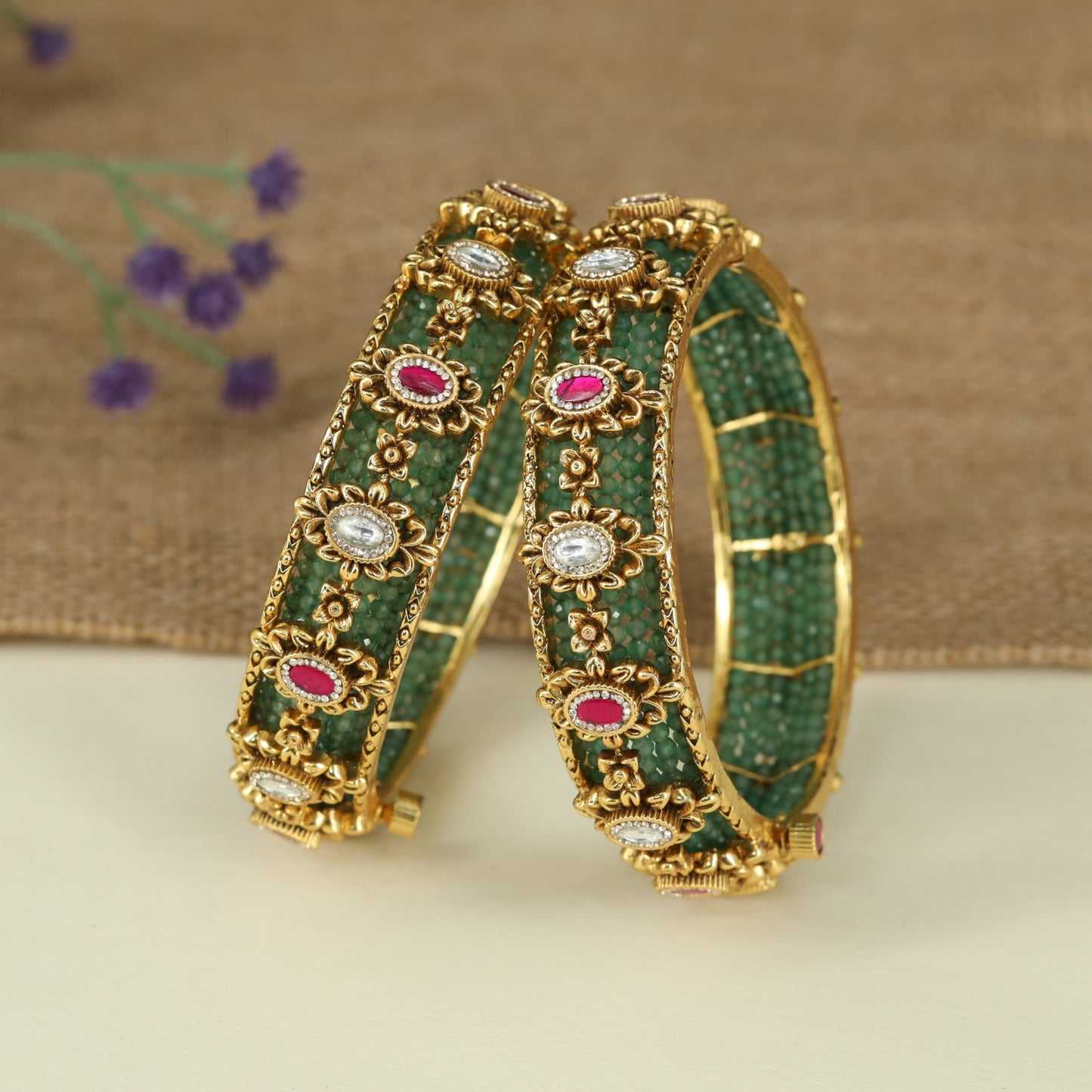 Textured Inlay Antique Bangles Featuring Floral Frames and Traditional Elegance