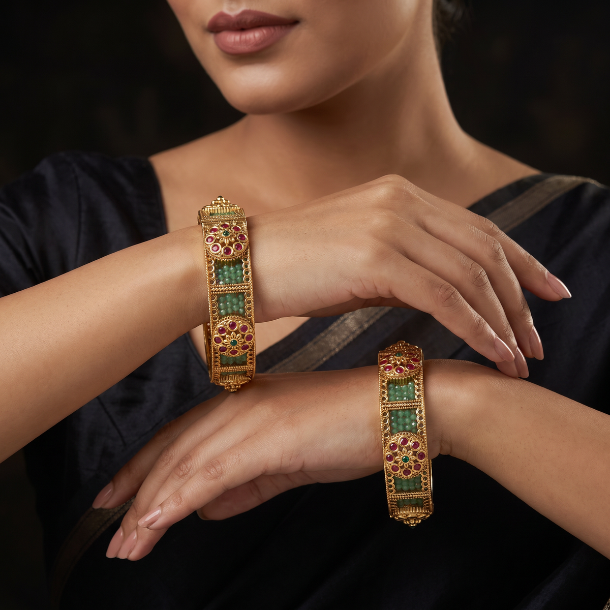 Rosette Antique Bangles with Beaded Border Detailing