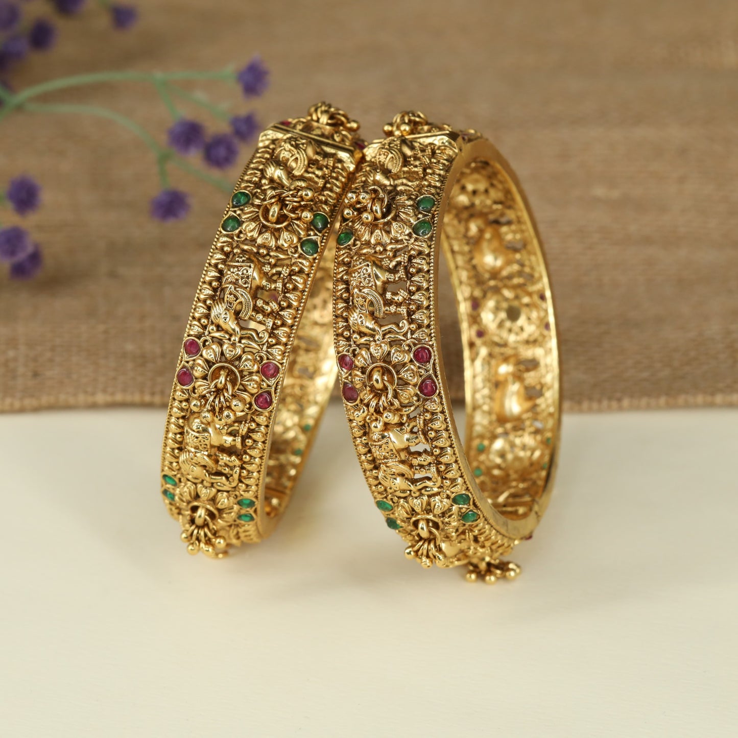 Grand Temple Antique Bangles with Detailed Elephant Relief Work