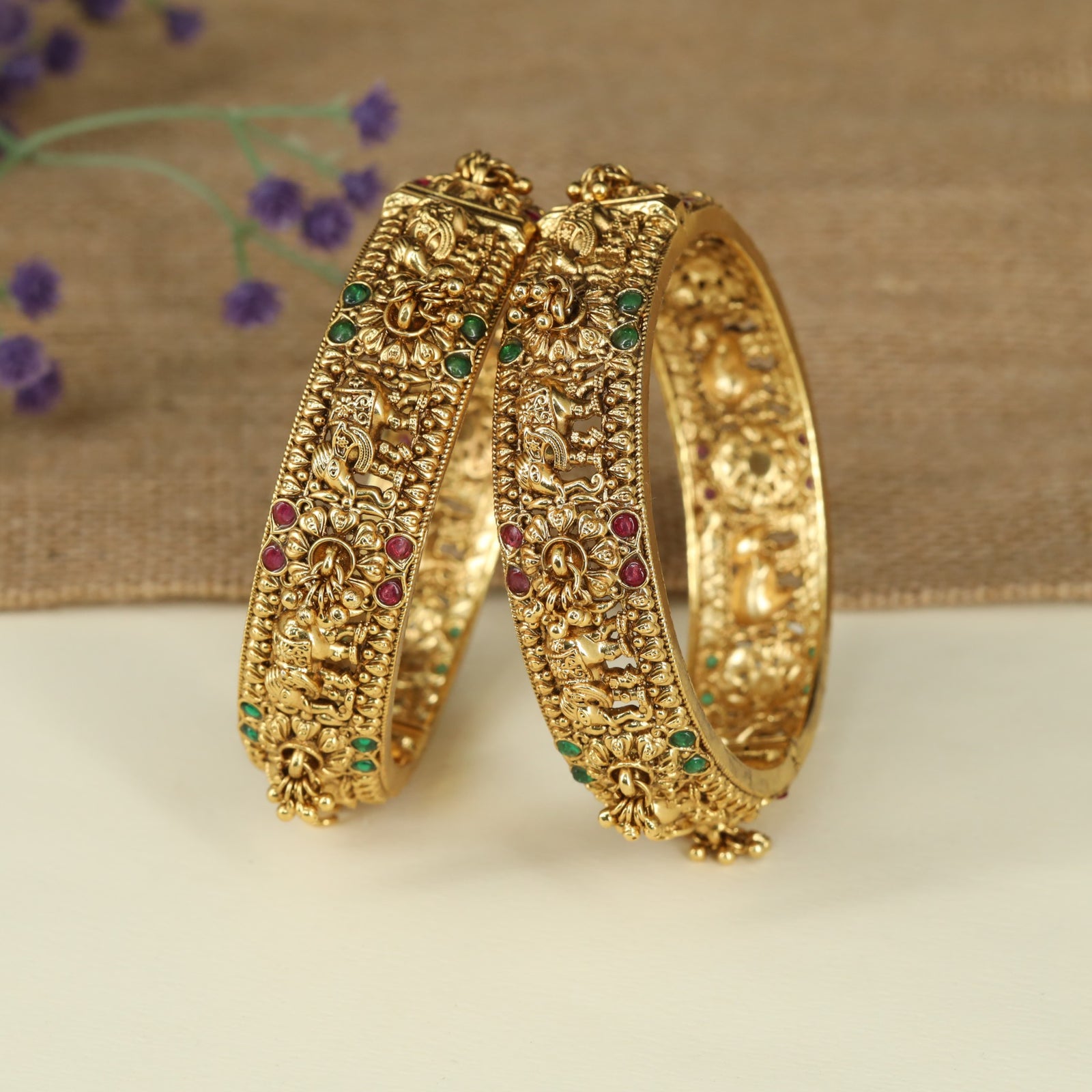 Grand Temple Antique Bangles with Detailed Elephant Relief Work