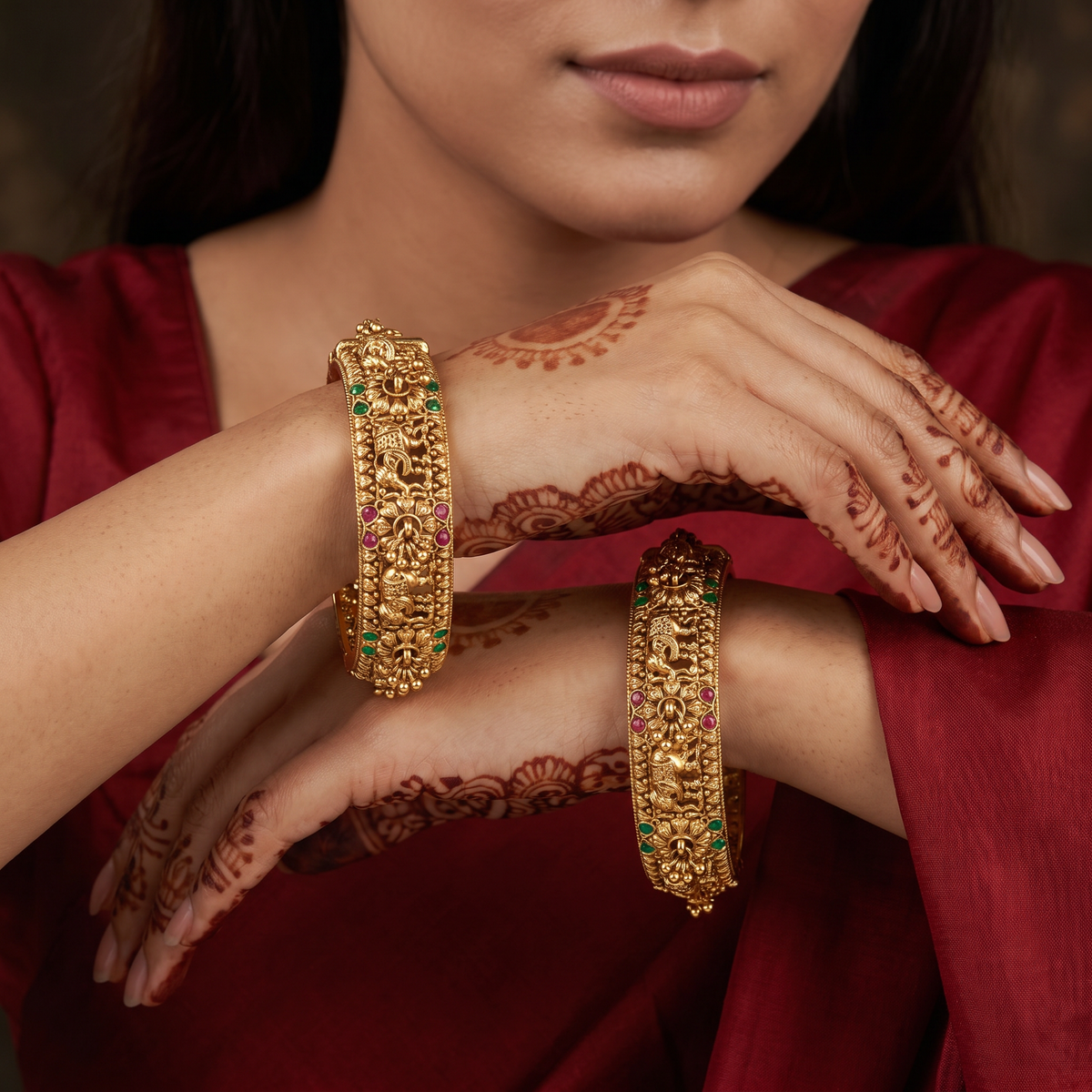 Grand Temple Antique Bangles with Elephant Reliefs