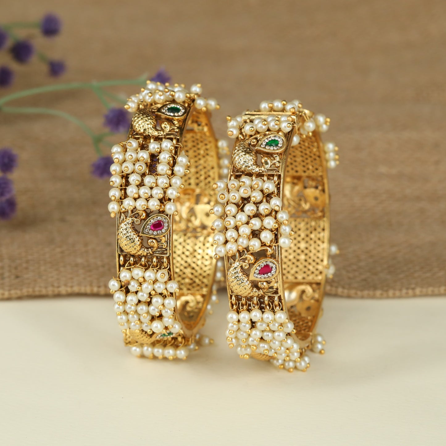 Decorative Pearl Cluster Antique Bangles Featuring Paisley Design