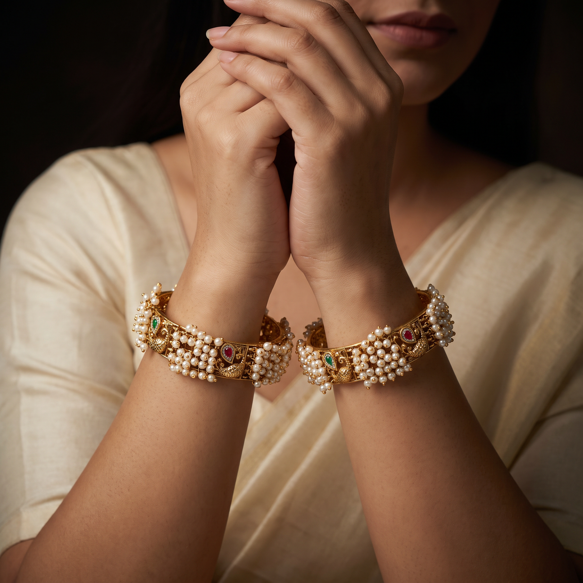 Pearl Cluster Antique Bangles with Paisley Design