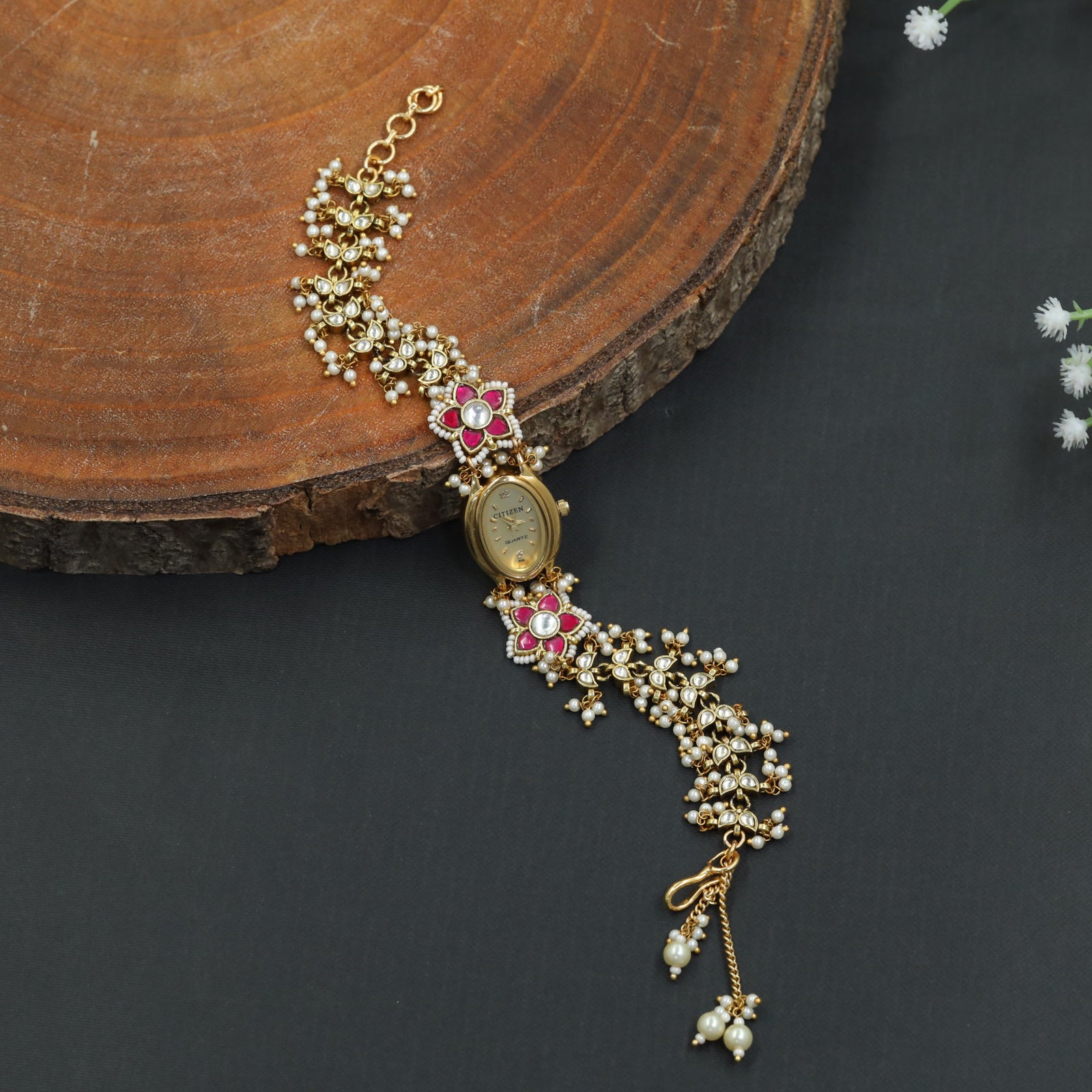 Garden Bloom Kundan Watch with Decorative Bracelet Links