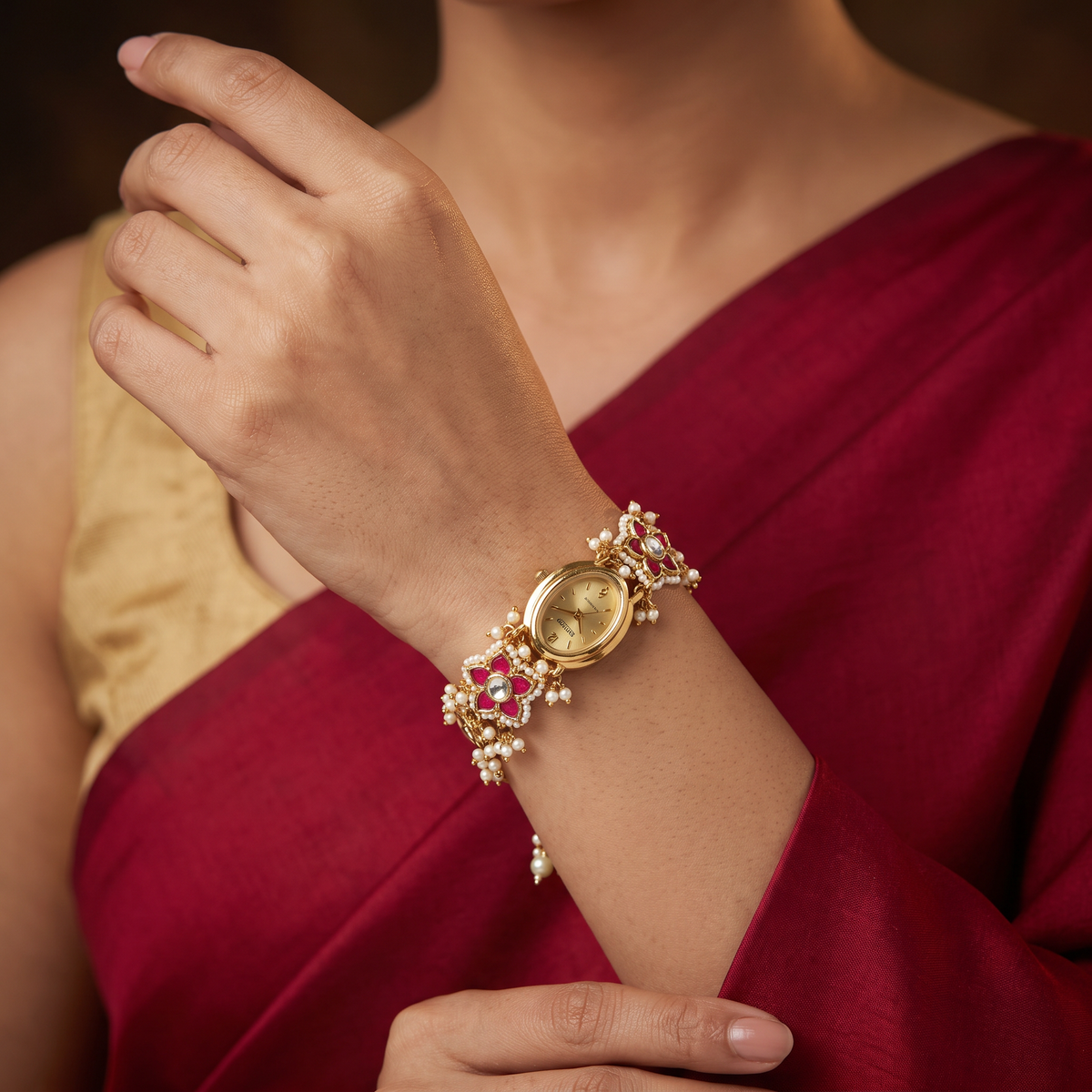Garden Bloom Kundan Watch with Decorative Bracelet Links