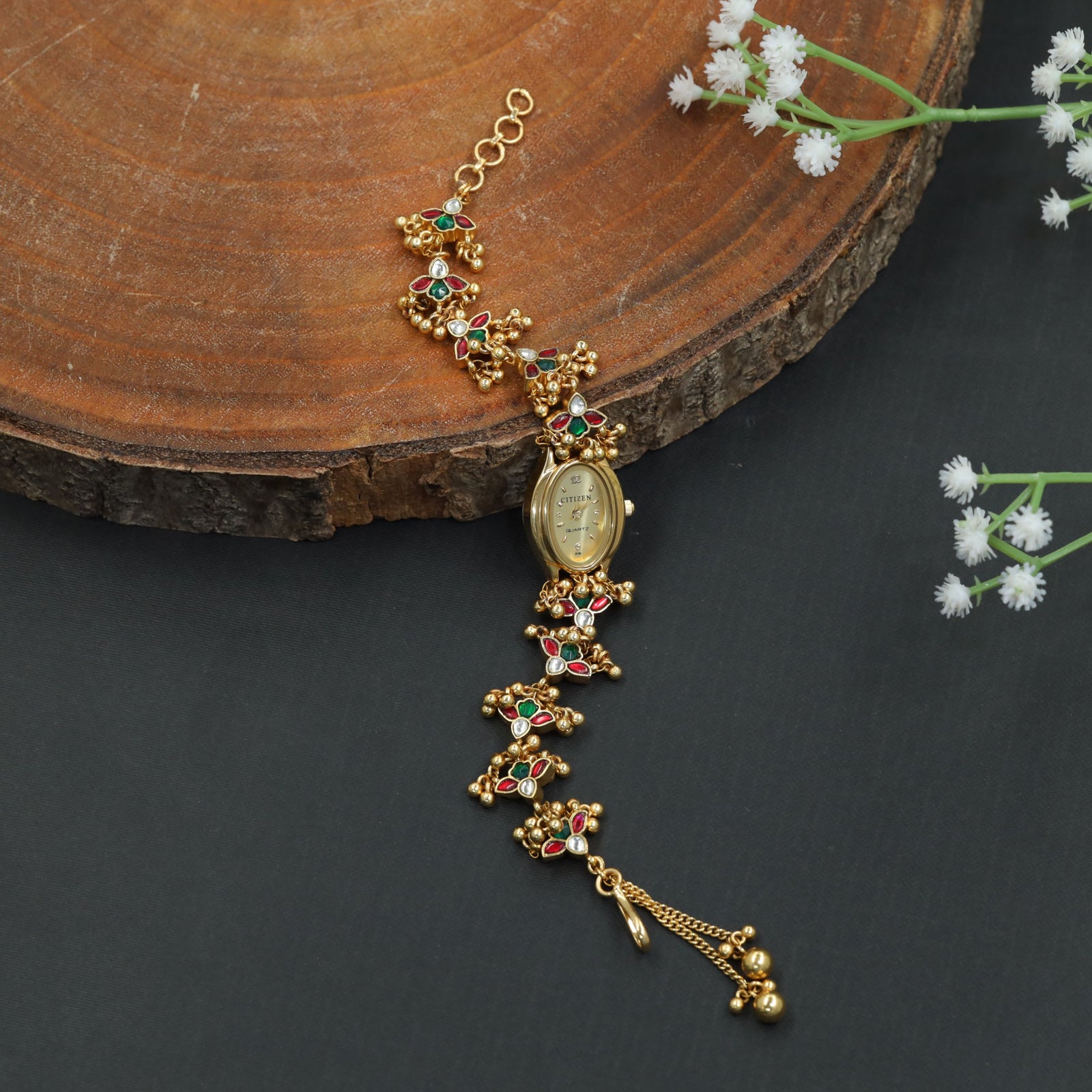 Ethnic Bracelet Kundan Watch with Intricate Floral Arrangement