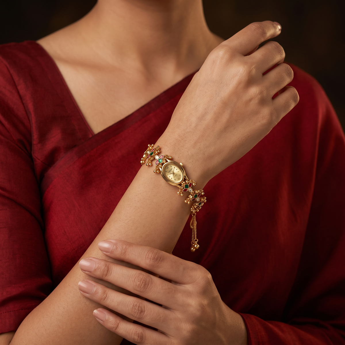 Ethnic Kundan Watch with Intricate Floral Bracelet Arrangement