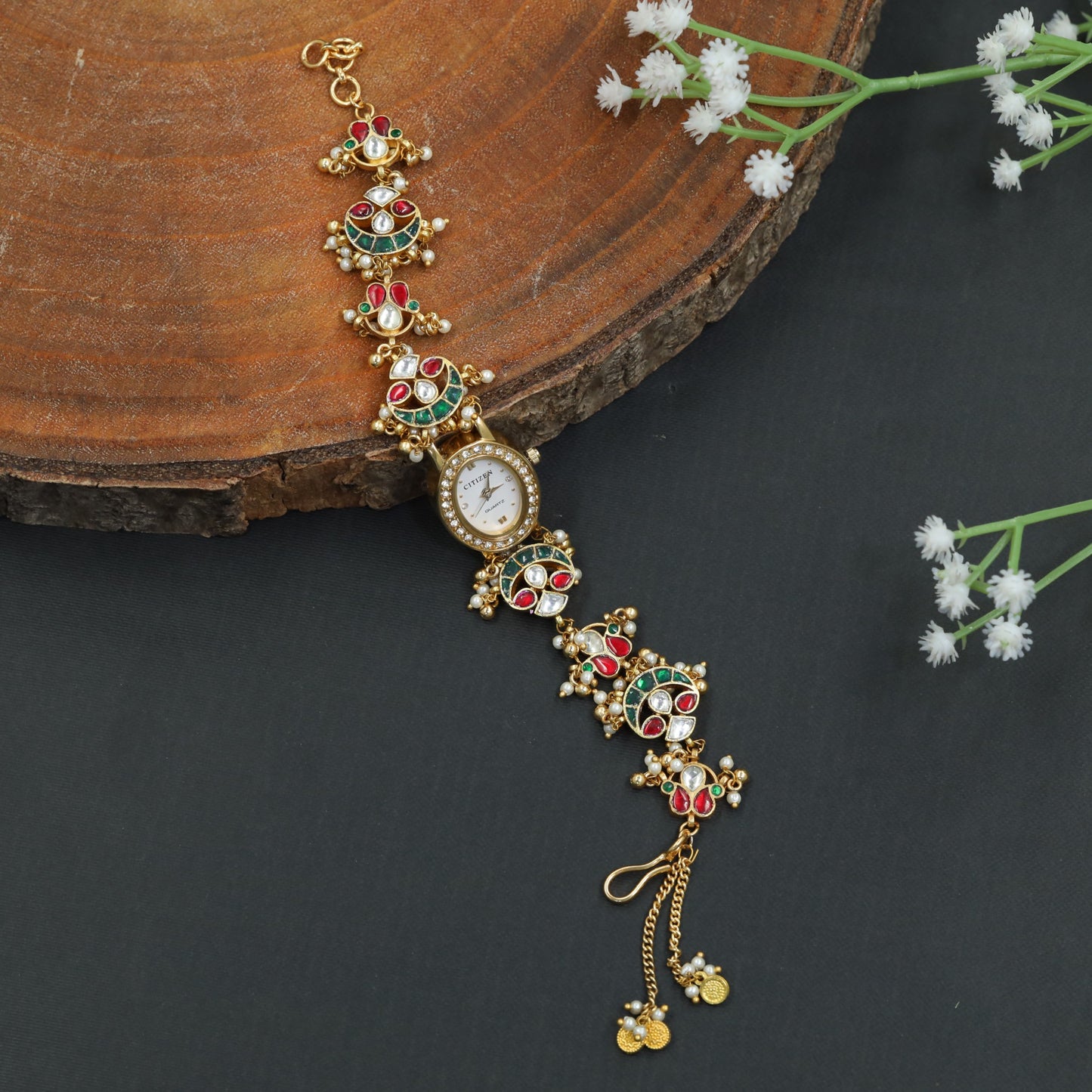Botanical Link Kundan Watch with Traditional Bracelet Pattern