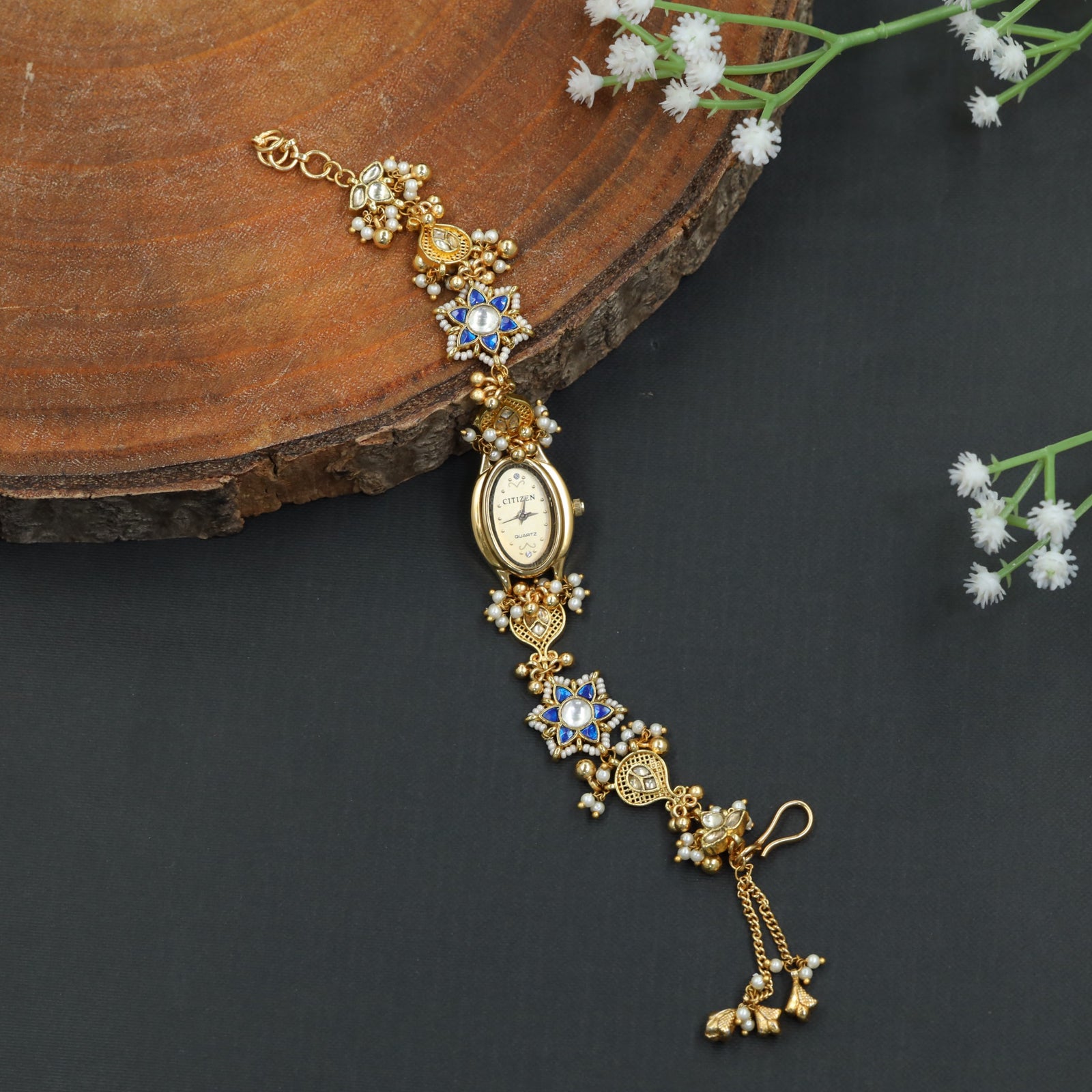 Compass Flower Kundan Watch Featuring Ornate Bracelet Design