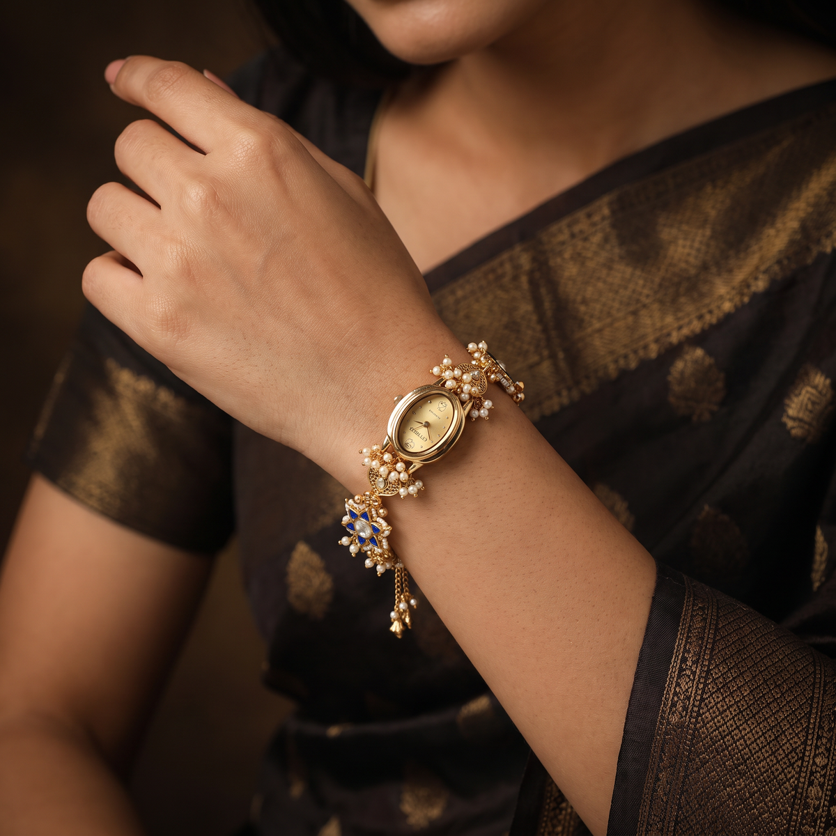 Compass Flower Kundan Watch with Ornate Bracelet Design