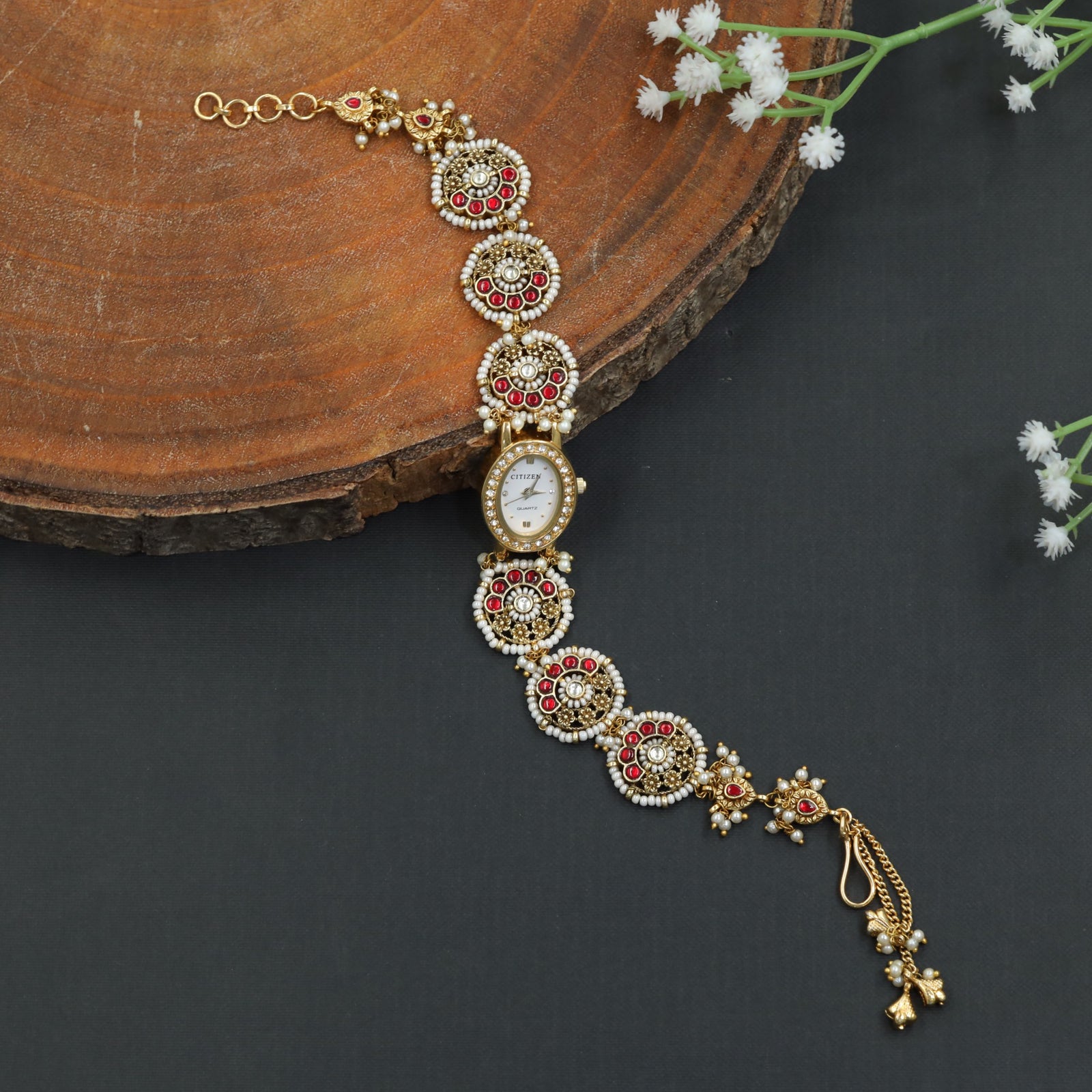 Classic Rosette Kundan Watch with Traditional Link Pattern