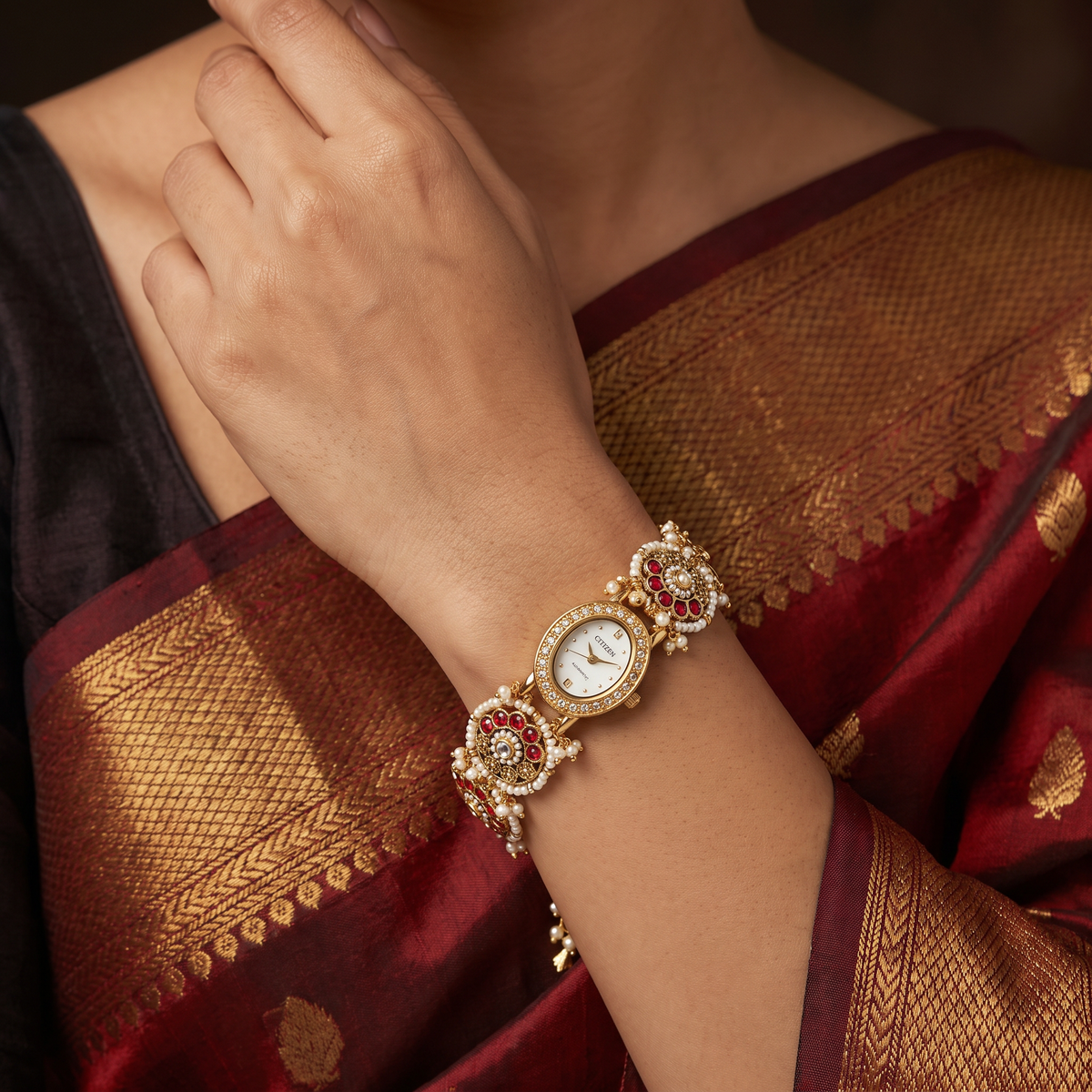 Classic Rosette Kundan Watch with Traditional Link Pattern