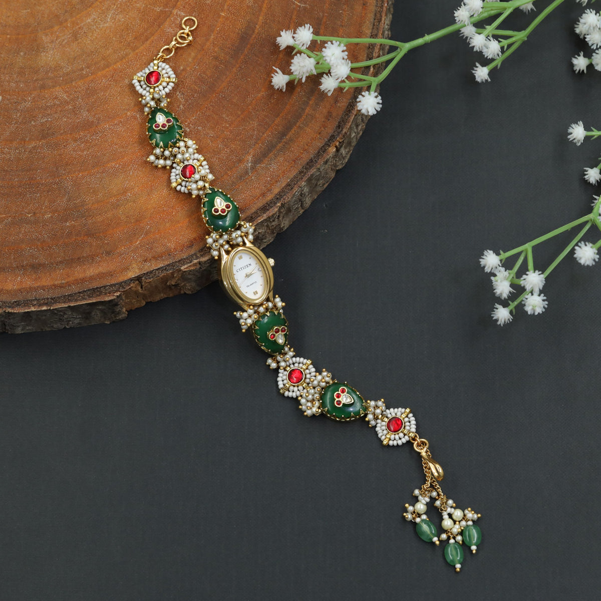 Paisley Link Kundan Watch with Decorative Bracelet Design