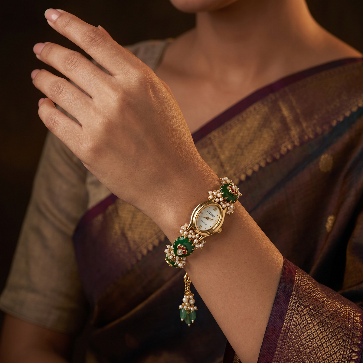 Paisley Link Kundan Watch with Decorative Bracelet Design