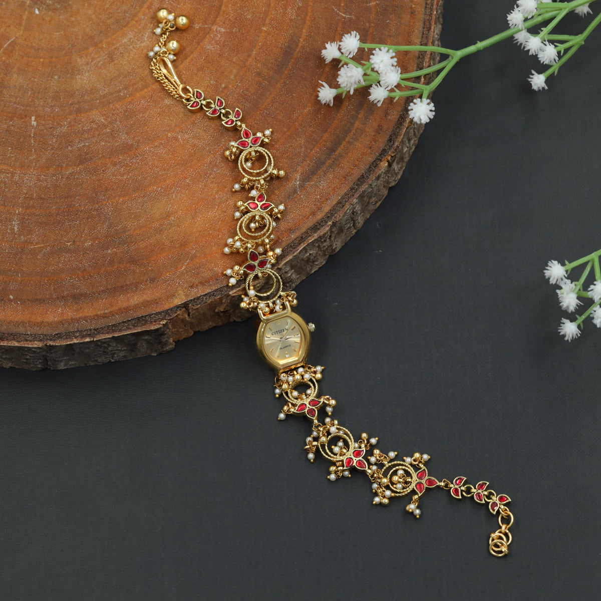 Decorative Floral Kundan Watch with Graceful Bracelet Design