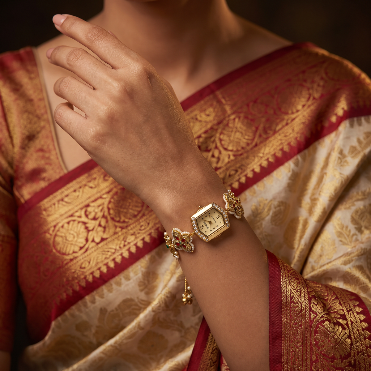 Festive Blossom Kundan Watch with Heritage Floral Design