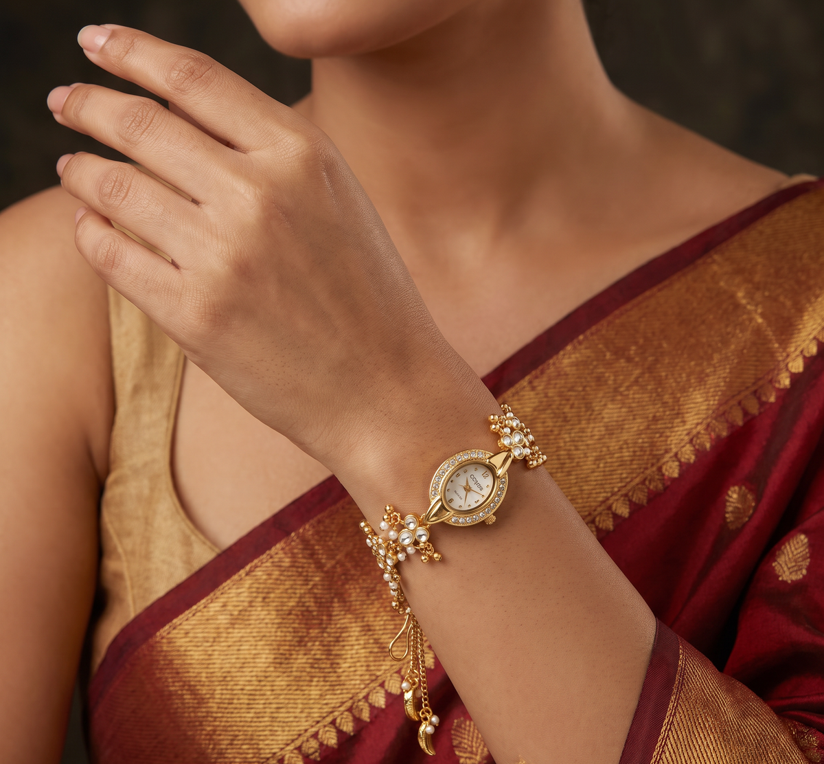 Blossom Link Kundan Watch with Floral Bracelet Design