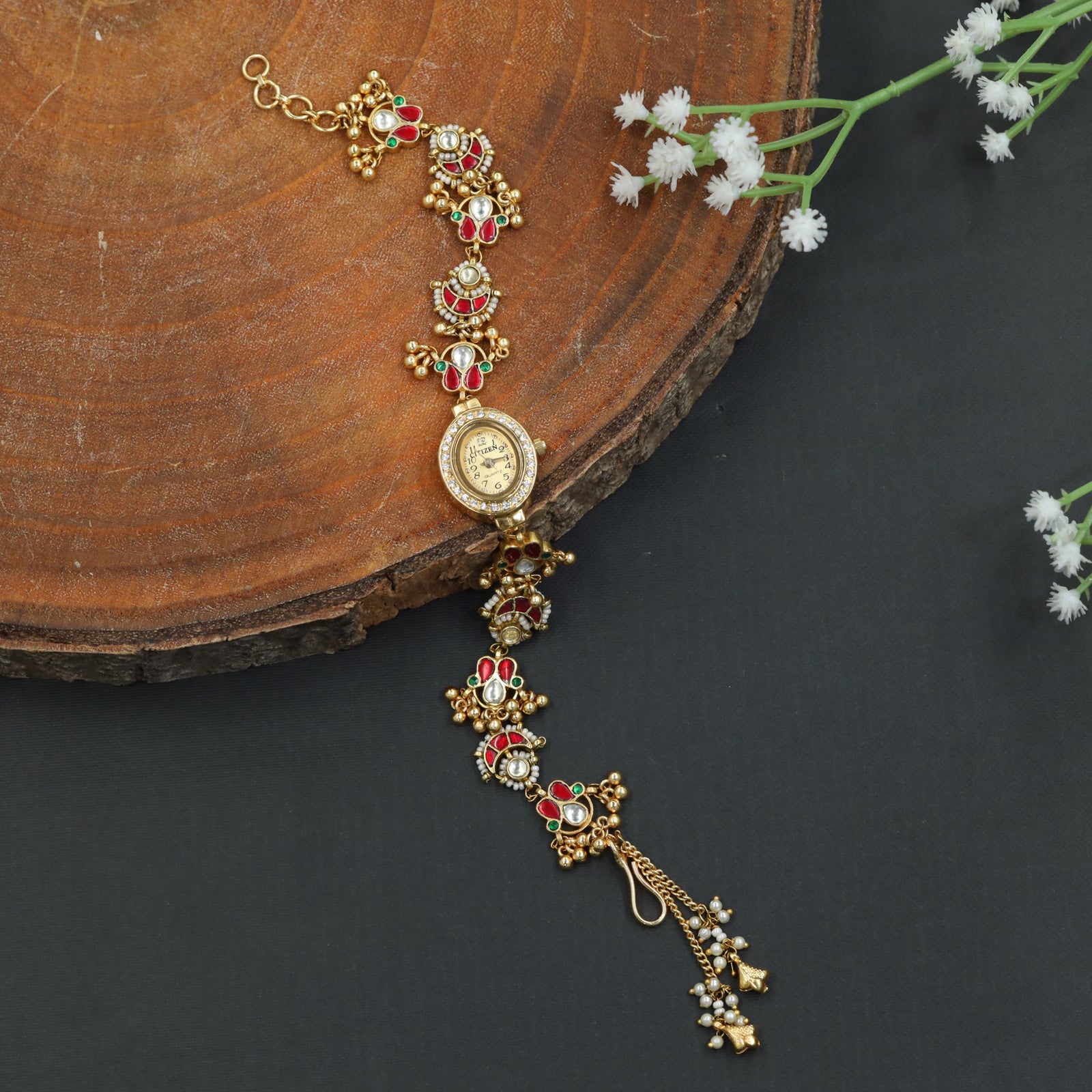 Designer Kundan Watch with Ornamental Floral Link Styling