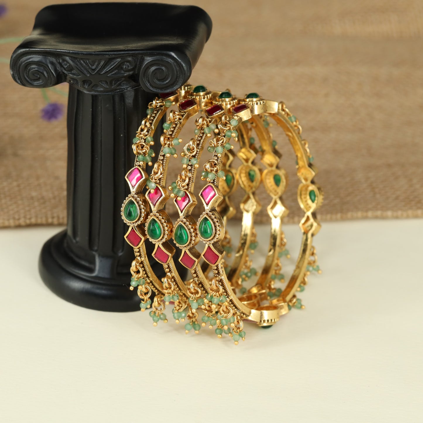 Decorative Teardrop Antique Bangles Featuring Dangling Bead Accents