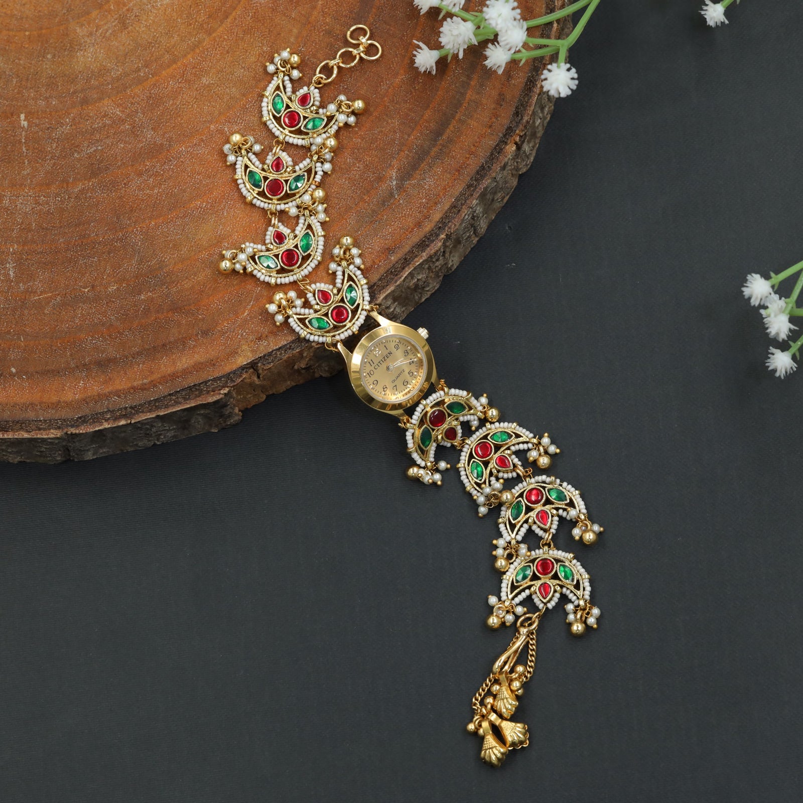 Festive Bracelet Kundan Watch with Decorative Crescent Elements