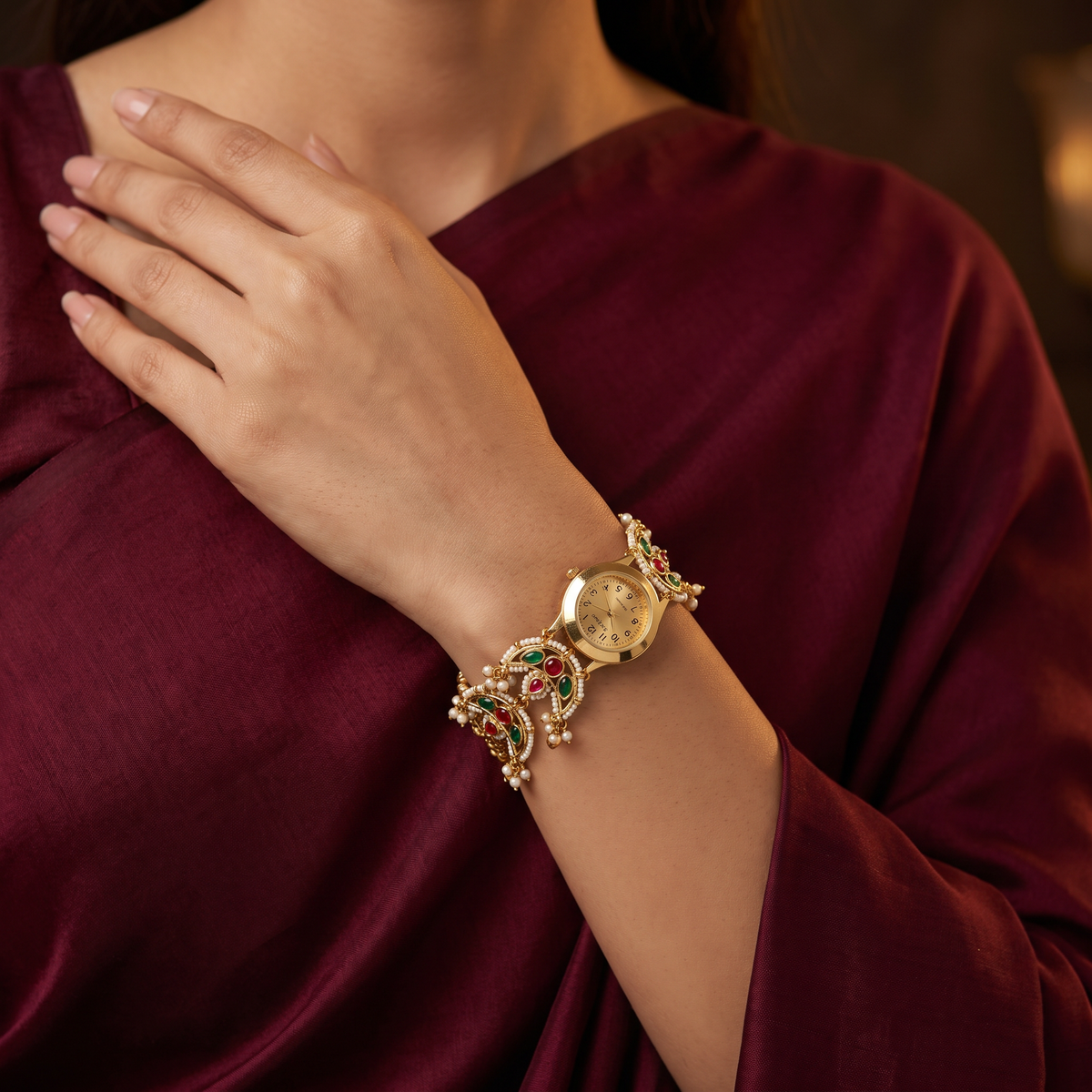 Festive Kundan Watch with Decorative Crescent Elements