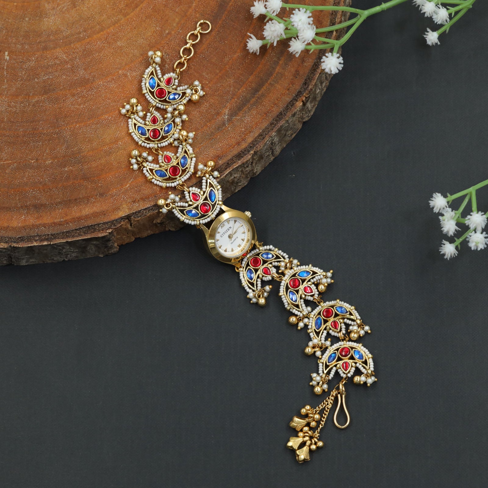 Curved Fanwork Kundan Watch with Hanging Charms
