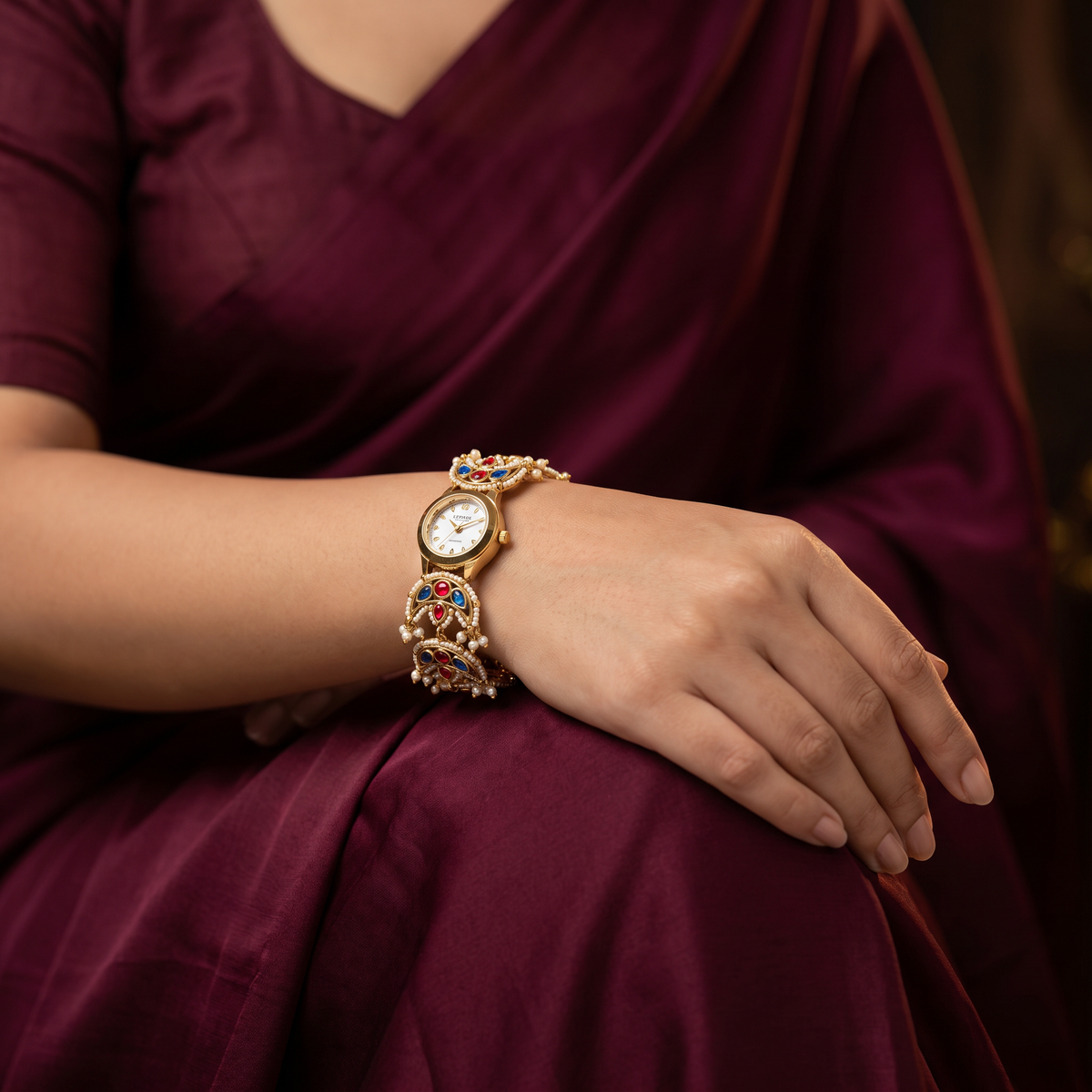 Curved Fanwork Kundan Watch with Decorative Charms