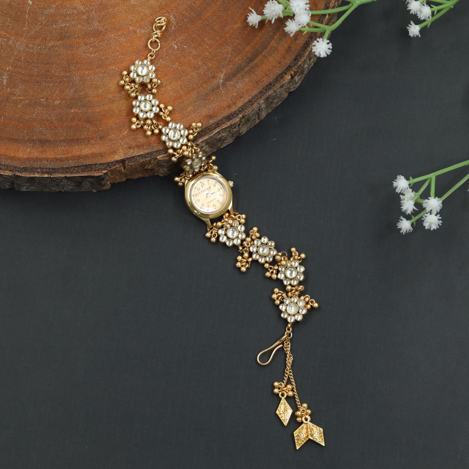 Floral Cluster Kundan Watch with Decorative Bracelet Links
