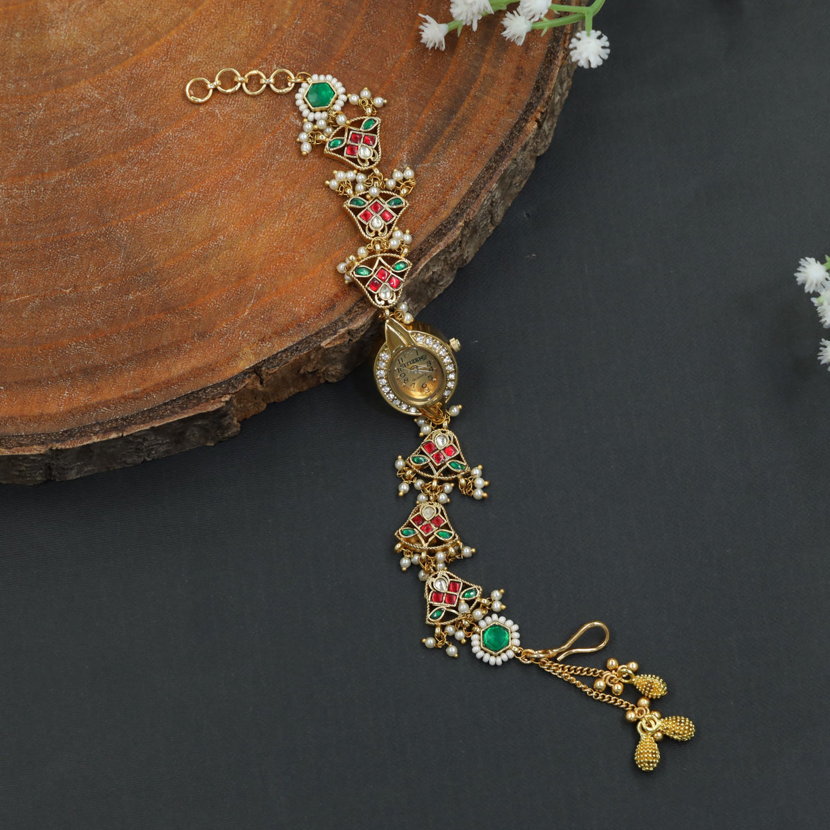 Ornamental Kundan Watch with Geometric Bracelet Details