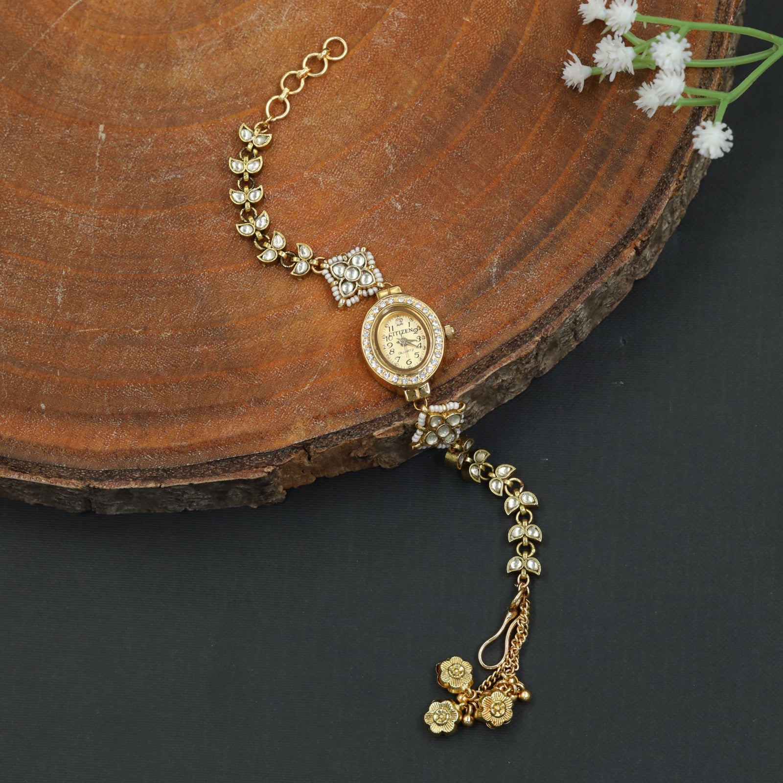 Floral Bracelet Kundan Watch with Pear Shaped Links
