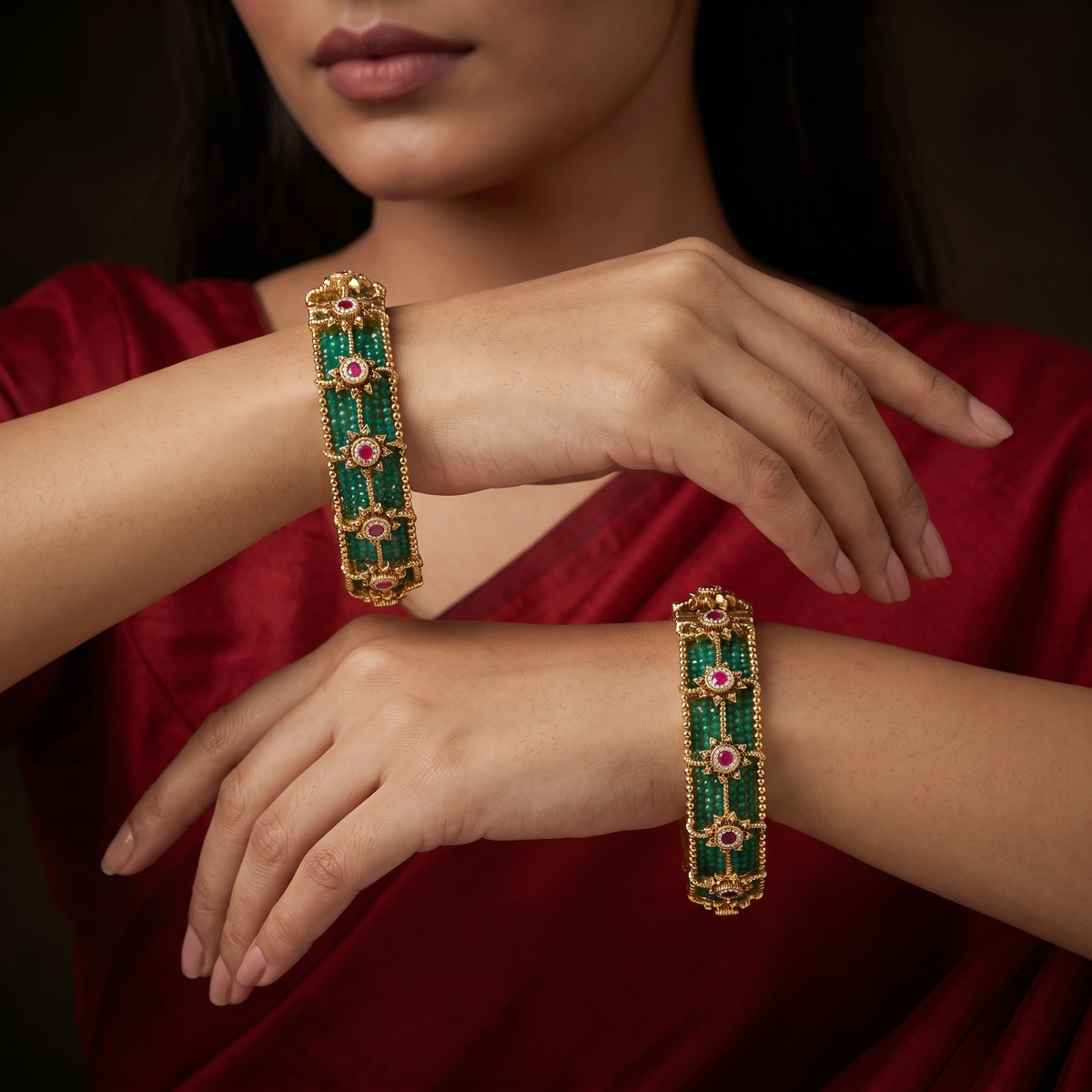 Floral Antique Bangles with Beaded Frame Detailing