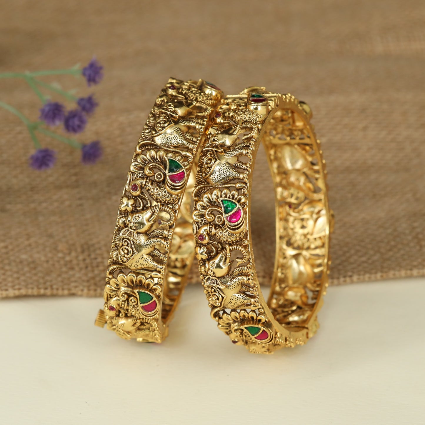 Gaja Antique Bangles with Intricate Temple Relief Design