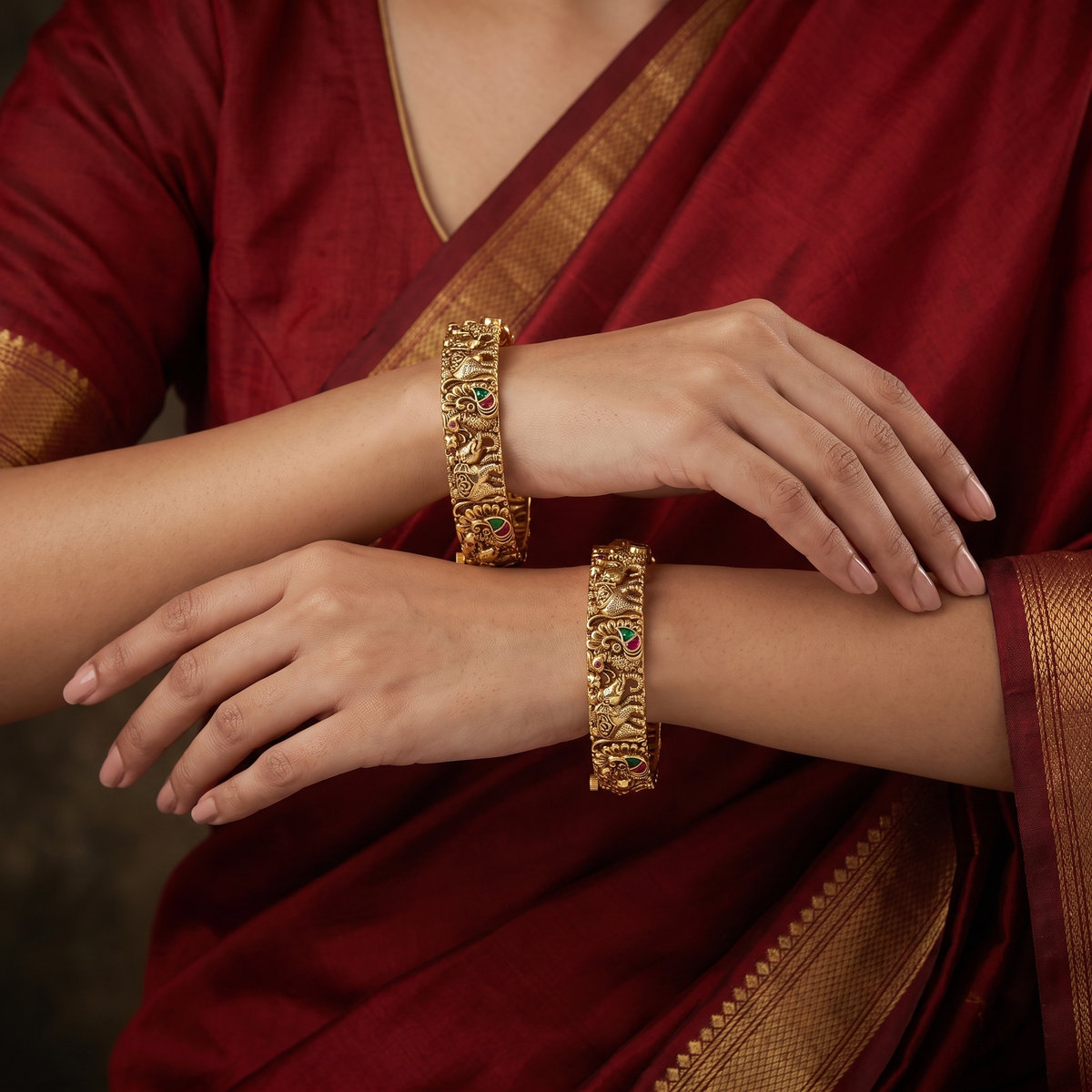 Gaja Antique Bangles with Temple Relief Design