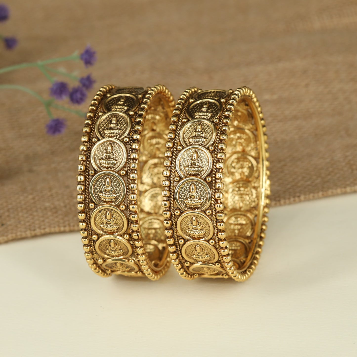 Decorative Temple Bangles with Sculpted Lakshmi Panel Design