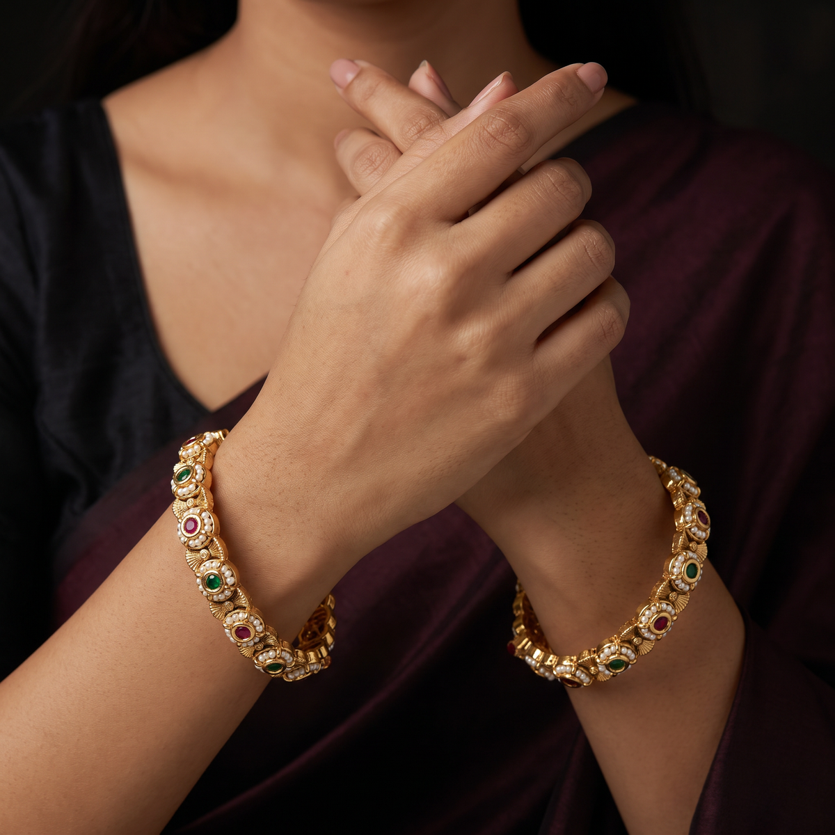 Pearl Halo Antique Bangles with Oval Centres