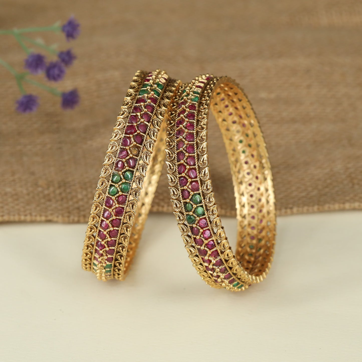 Lattice Pattern Antique Bangles with Intricate Leaf Border Design