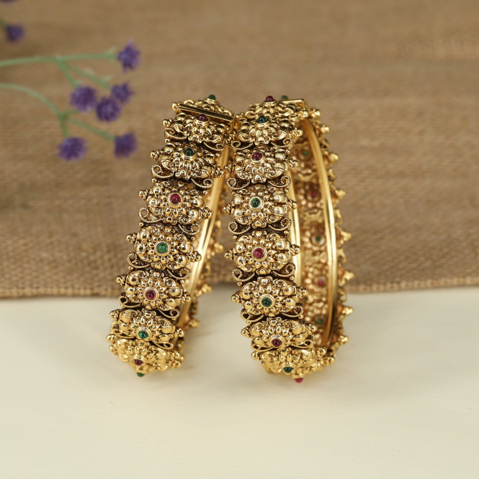 Floral Rosette Antique Bangles with Intricate Temple Detailing