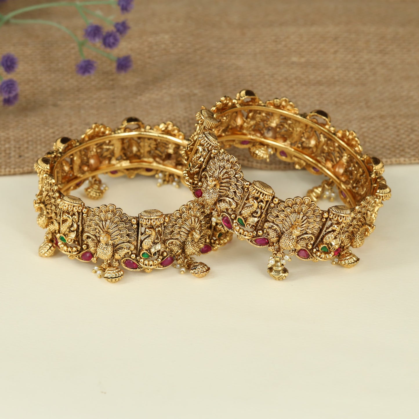 Peacock Antique Bangles with Intricate Temple Panel Design