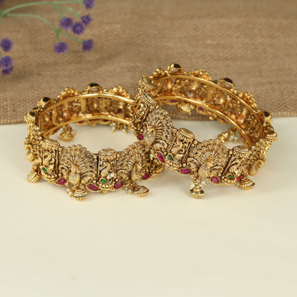 Peacock Antique Bangles with Temple Panel Design