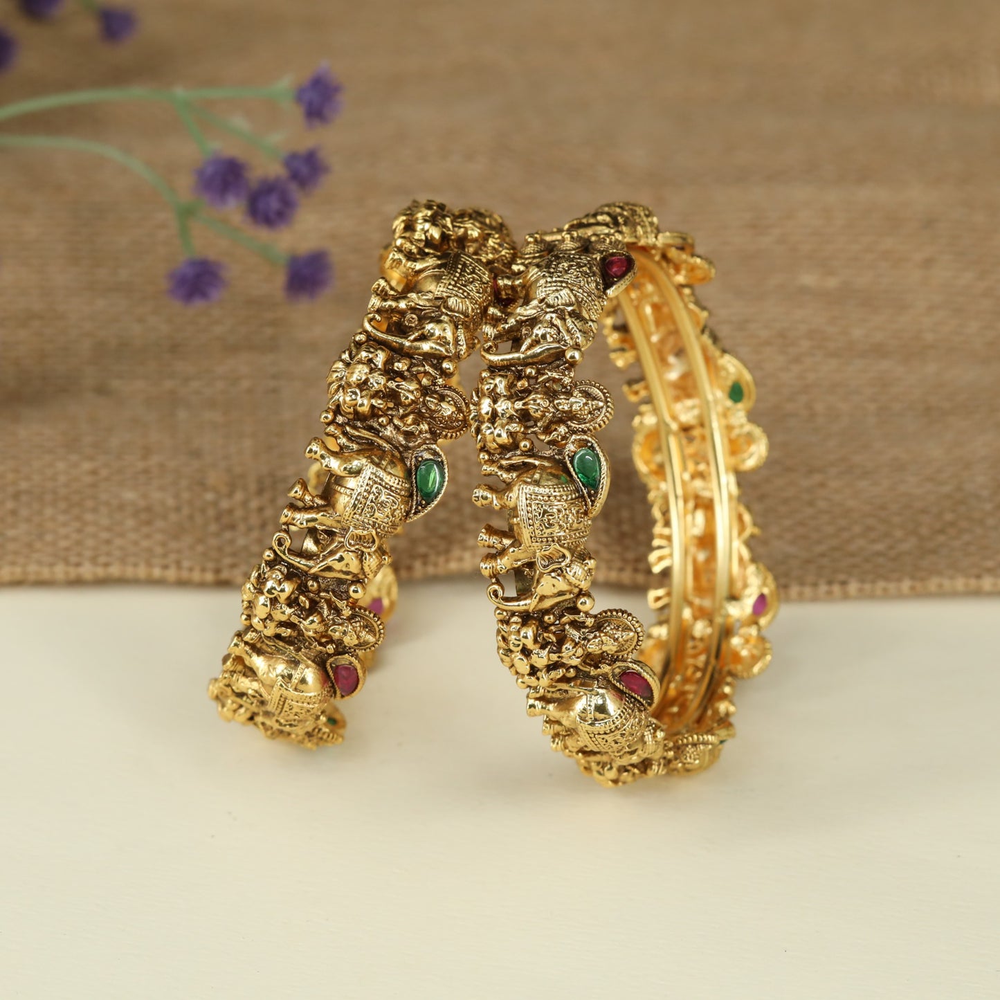 Temple Inspired Bangles Featuring Lakshmi and Gaja Artwork
