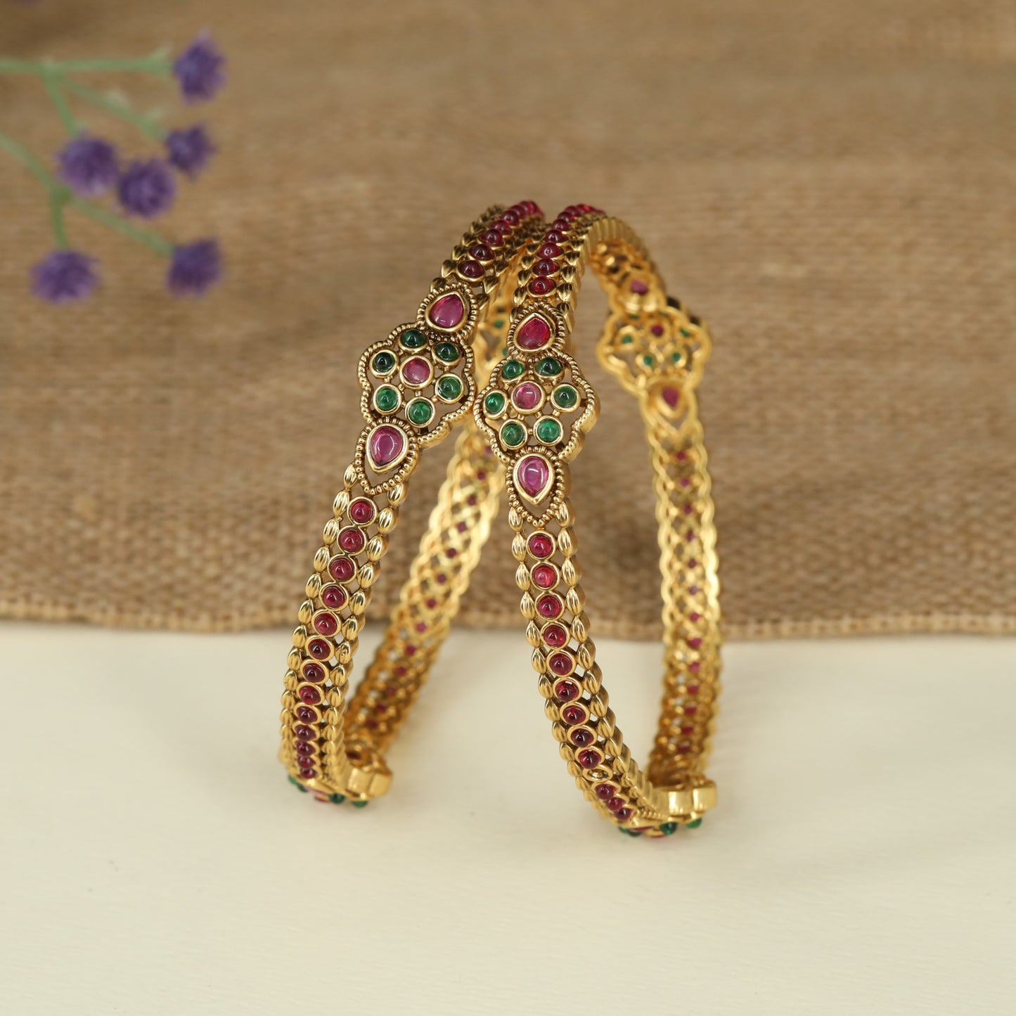 Floral Cluster Antique Bangles with Teardrop Centre Detailing